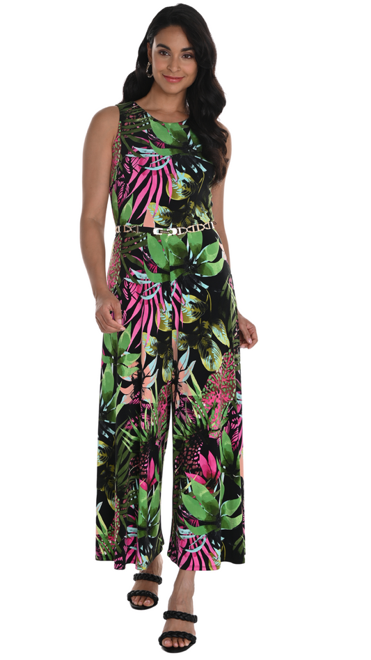 Tropical Print Godl Belt Jumpsuit. Style FL256123