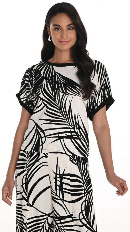 Palm Print Linen Blend Woven Top. Style FL256201