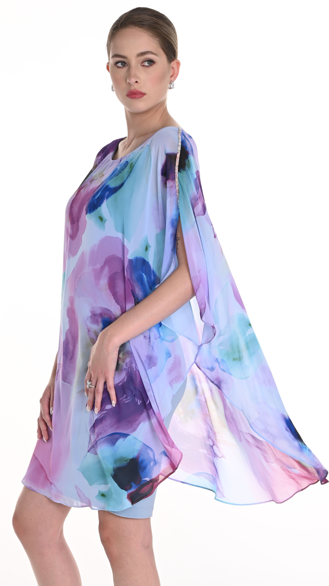 Printed Flowy Chiffon Cape Dress. Style FL258191