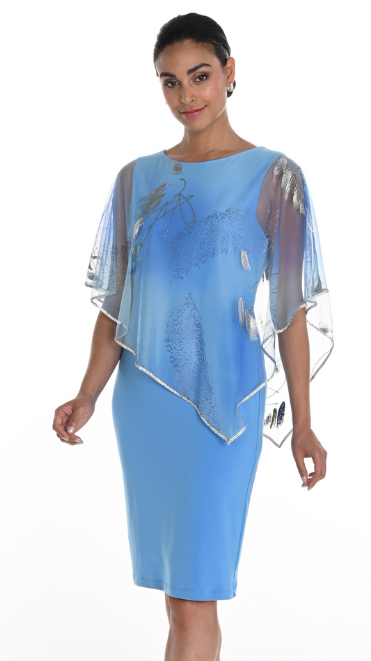 Abstract Brush Stroke Sheer Cape Overlay Dress. Style FL258208