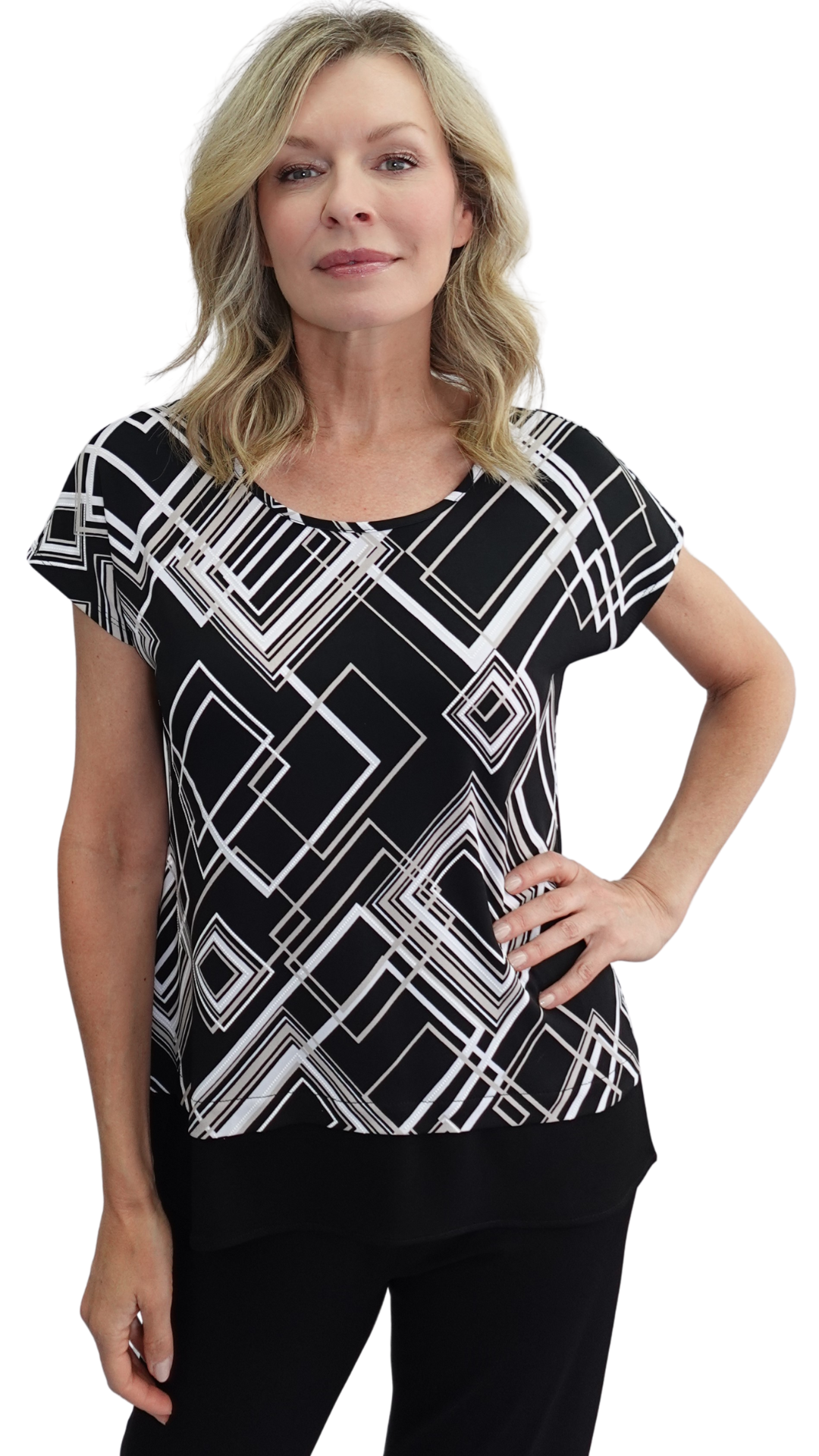 Patterned Cap Sleeve Round-Neck Top. Style SW202261