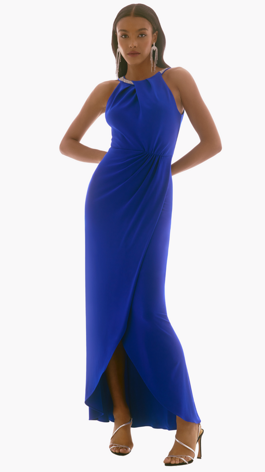 Silky Knit Fitted Halter Gown. Style JR251709