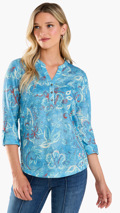 Printed 3/4 Sleeve Henley Top. Style FD3451451