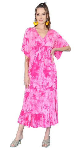 Ruffled Tie Dye Maxi Dress in Indigo or Pink. Style FS231772