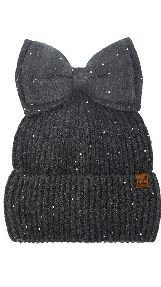 Sequin Bow Messy Bun Beanie. Style MODMBE-0104