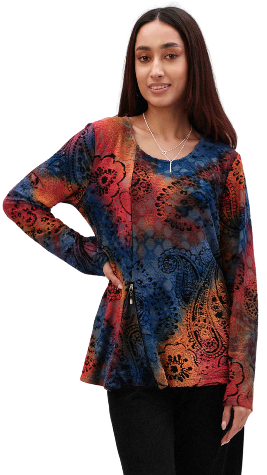 Fiesta Print Devoré Zip Detail Top. Style CAT324141