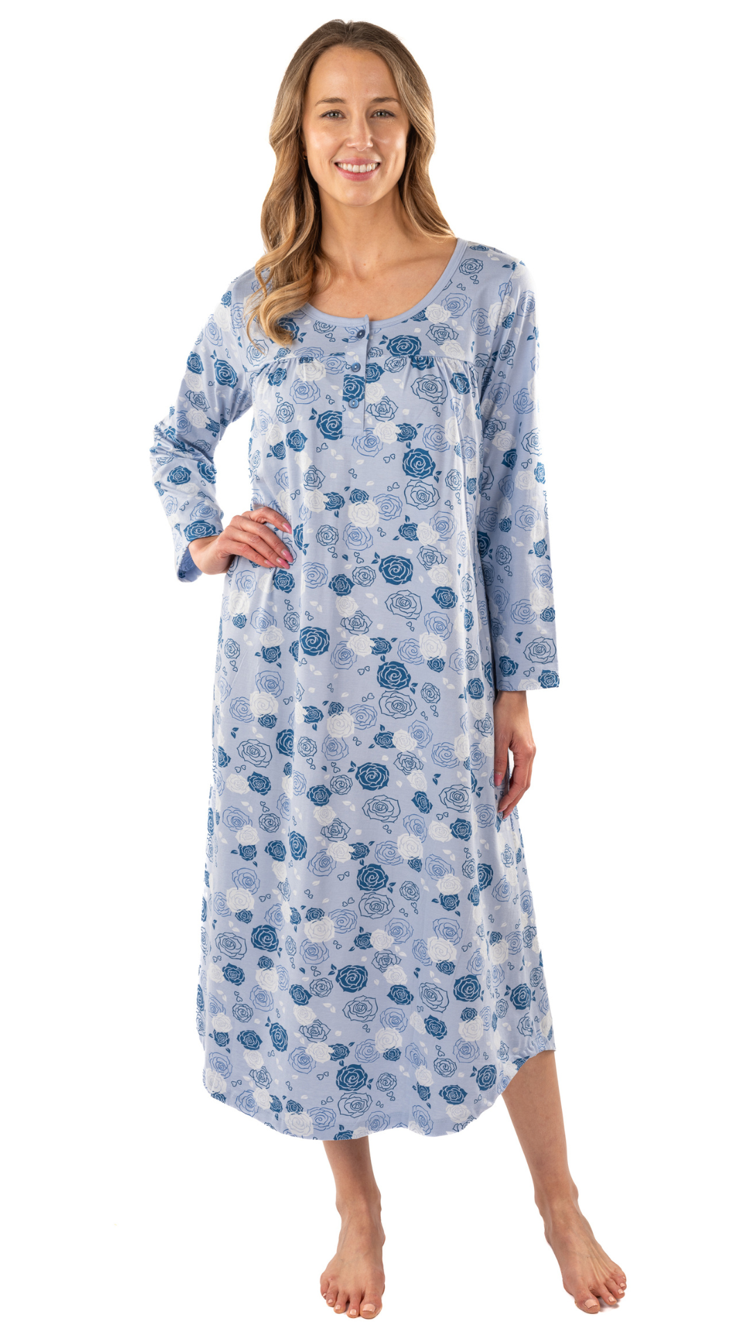 Rose Print Long Classic Nightgown. Style PL110BLU