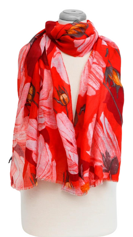 Red Floral Print Foulard Scarf. Style CARA6149-RED
