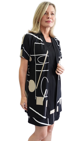 Two-Piece Abstract Print Cardigan & Solid Dress Set. Style SW97248