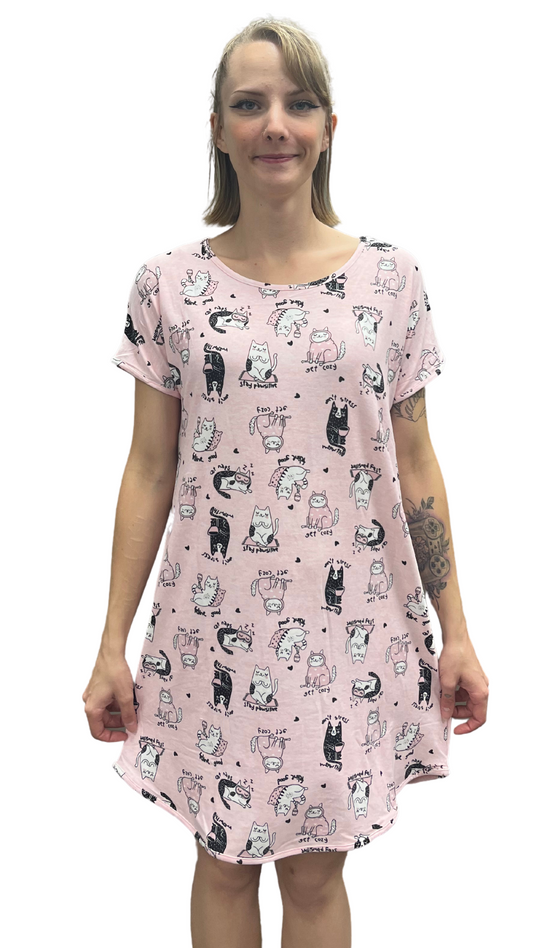 Don't Stress, Feline Good Print Night Shirt. Style COTYM-NSPNKCAT