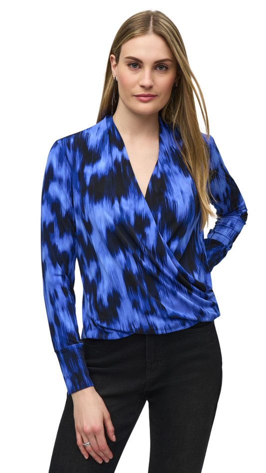 Silky Knit Abstract Print Wrap Top. Style JR244075