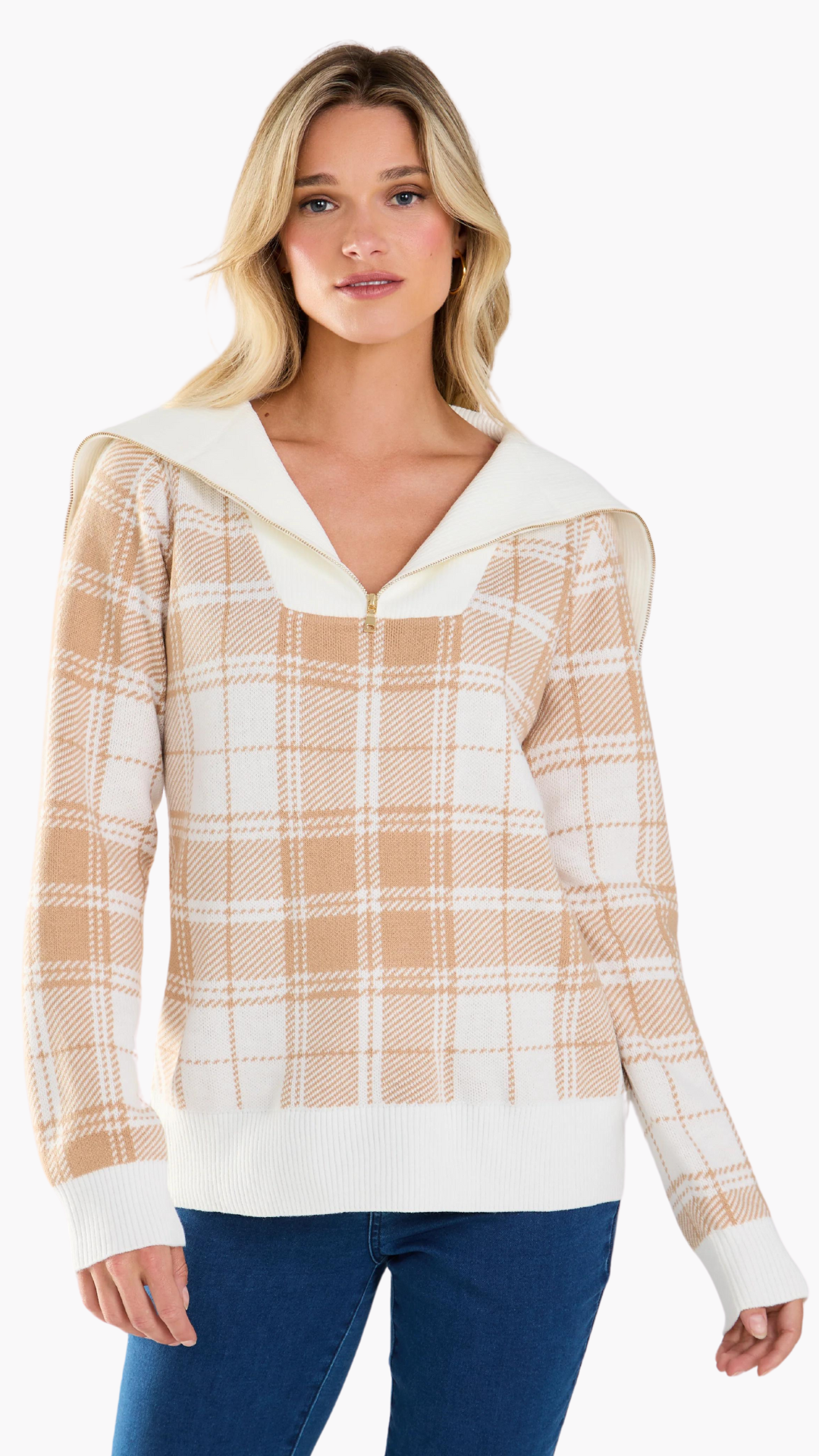 Wide Collar 1/4 Zip Plaid Sweater. Style FD1028525