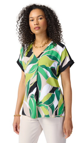 Tropical Print Silky Knit V-Neck Top. Style JR241175