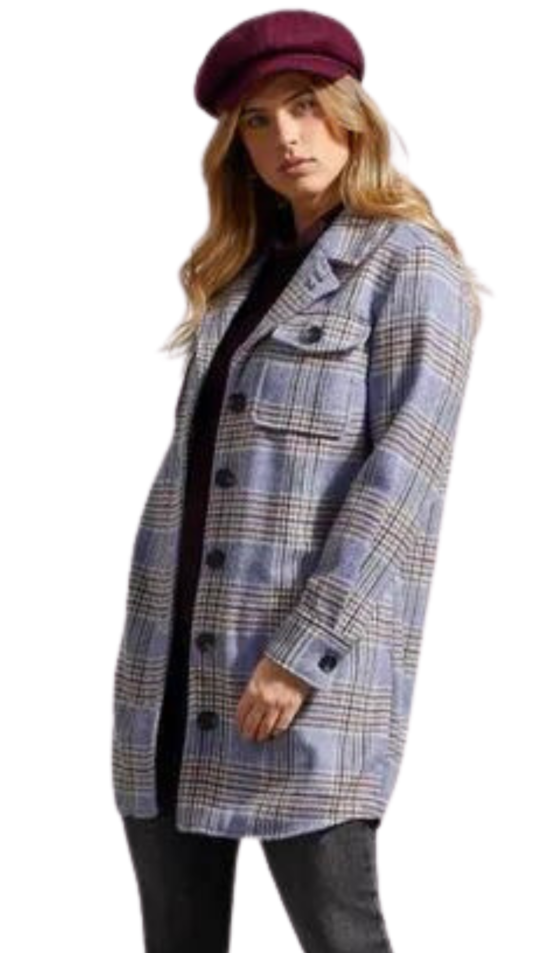 Long Plaid Shacket in Teakwood, Red Plum or Blue Lake. Style TR7183O-4466