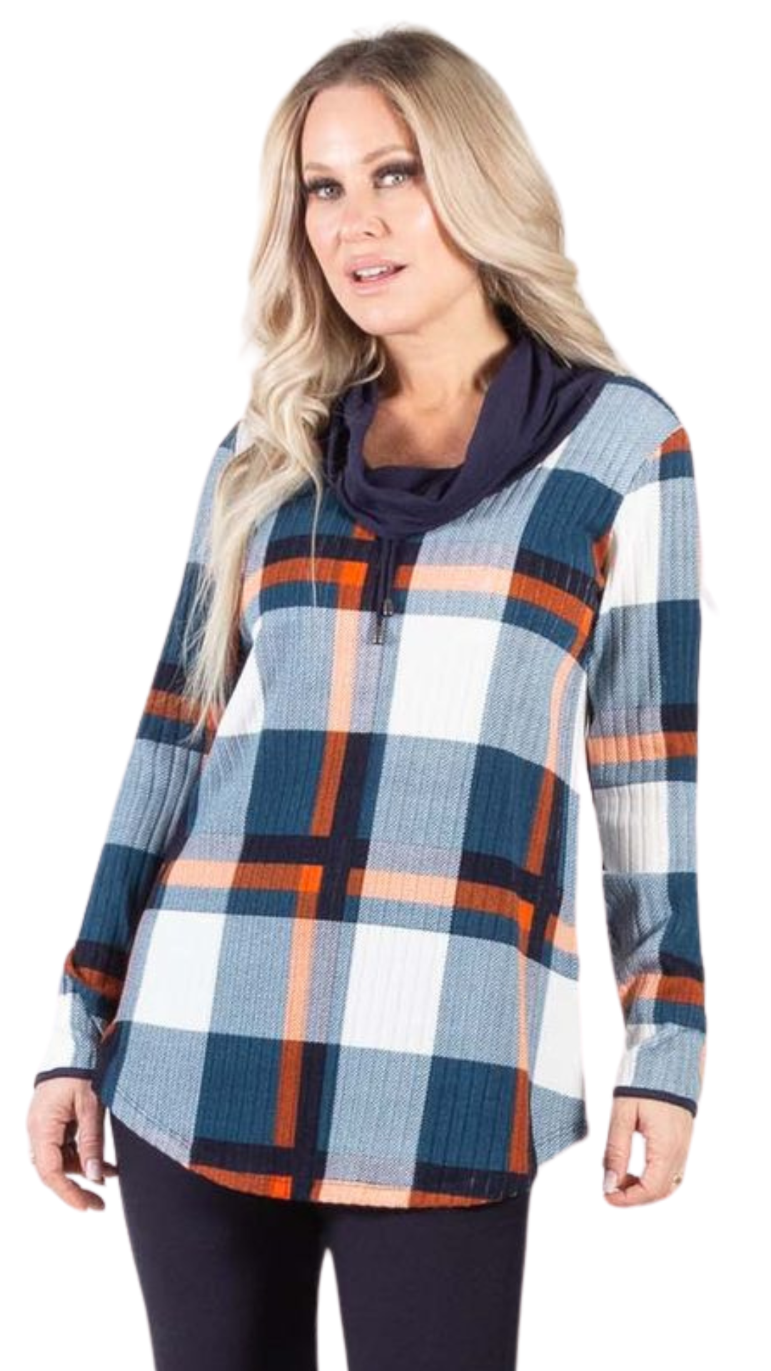 Rib Knit Cowl Neck Plaid Top. Style PE285-4534