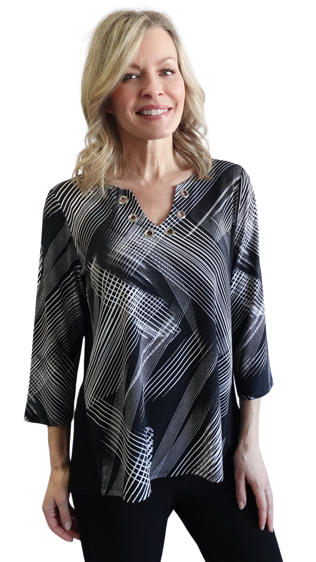 Trellis Print Grommet Neck Top. Style SW102203