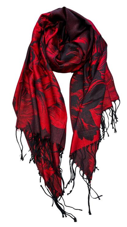 Red & Black Floral Pattern Pashmina Scarf. Style ELWANITA14-RED