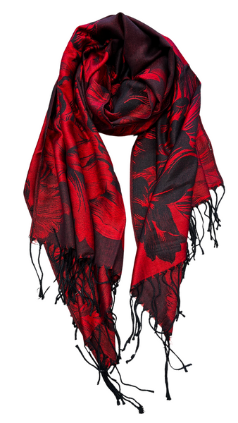 Red & Black Floral Pattern Pashmina Scarf. Style ELWANITA14-RED