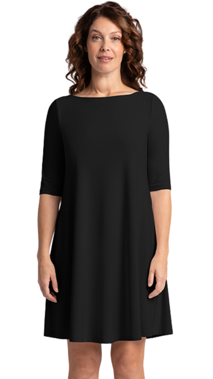 Nu Trapeze Elbow Sleeve Black Dress. Style SI28174-4BLK