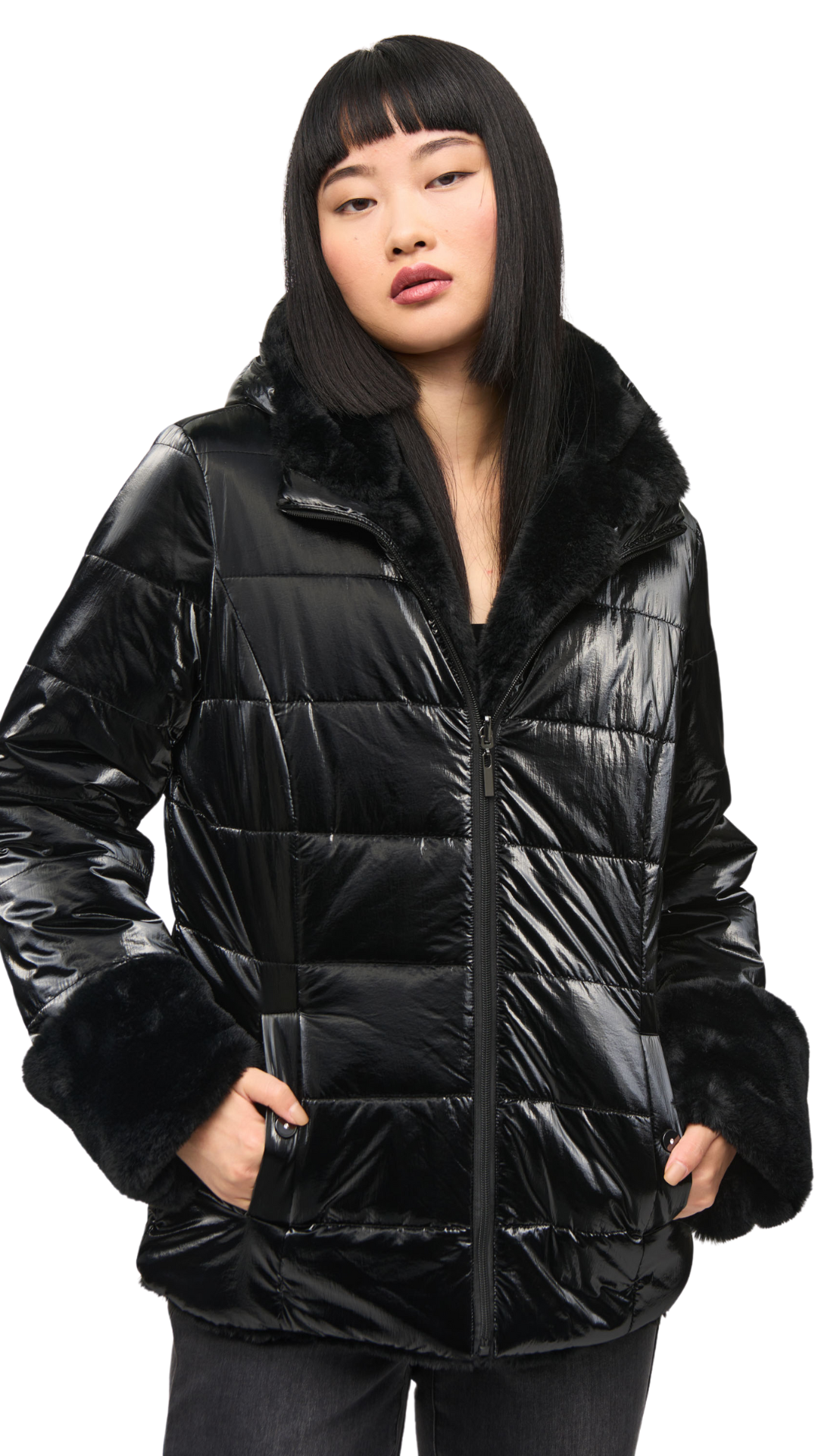 Reversible Faux Fur Quilted Puffer Coat. Style JR243937