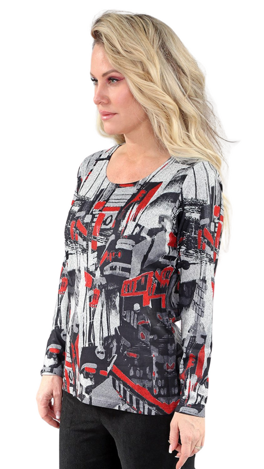 Grey, Red & Black Abstract Print Top. Style MT705