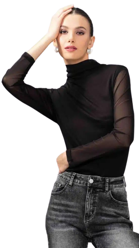 Ruched Turtleneck Mesh Sleeve Top. Style ALSA44020