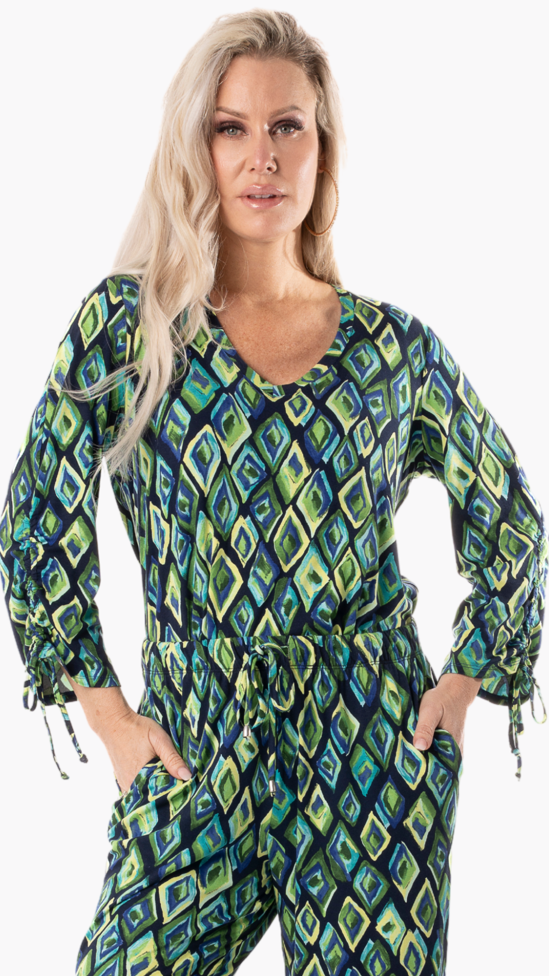 Gather Cuff Printed V-Neck Top. Style PE597-4578