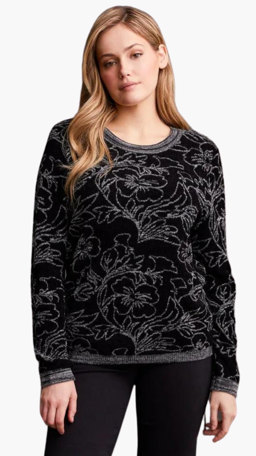 Jacquard Long Sleeve Scoop Neck Sweater. Style TR1958O-8032