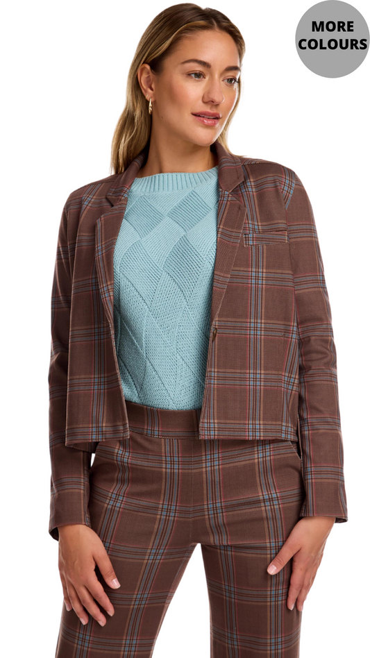 Cropped Plaid Print Blazer. Style FD1110459