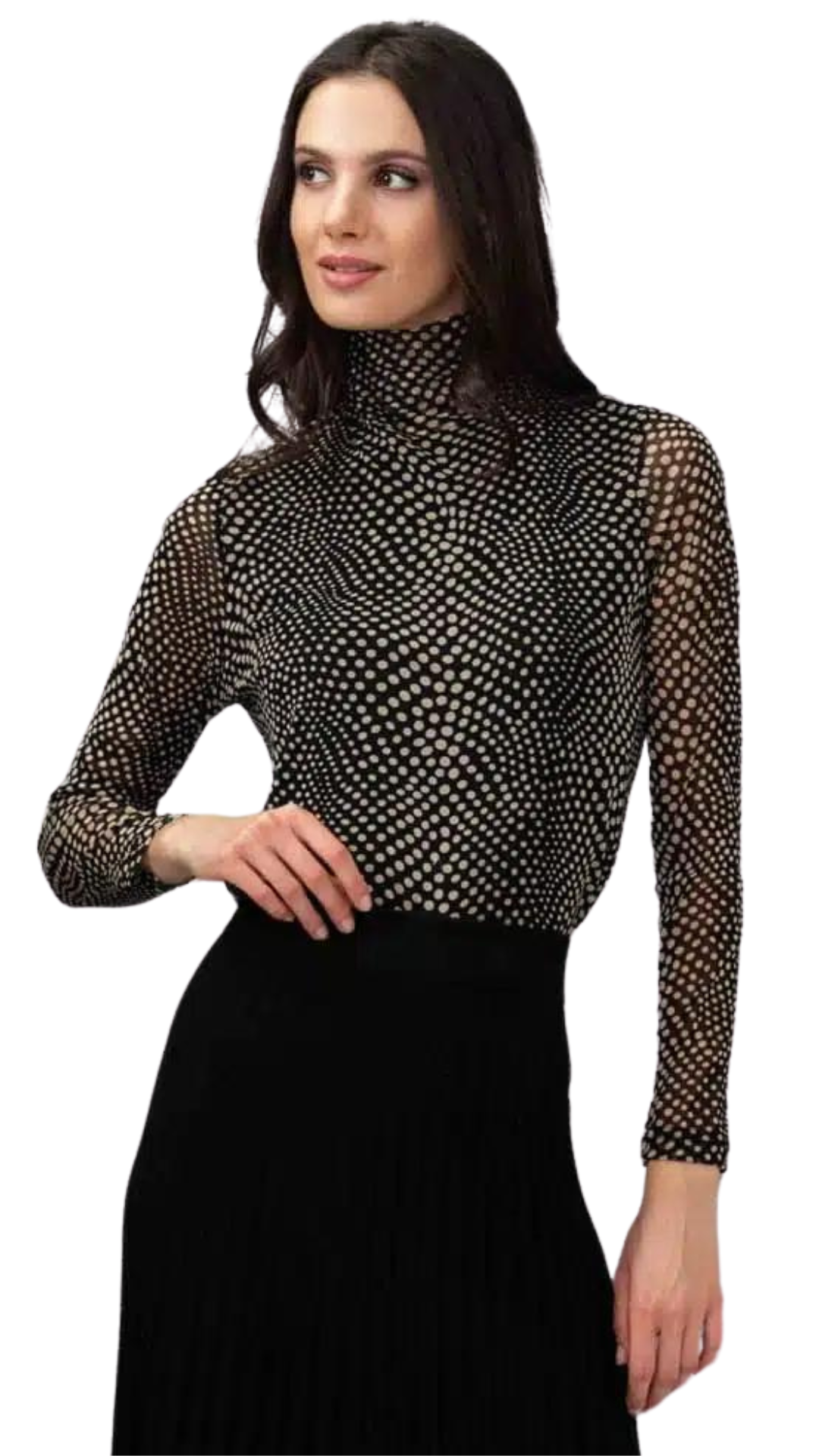 Dot Print Ruched Turtleneck Mesh Top. Style ALSA44250