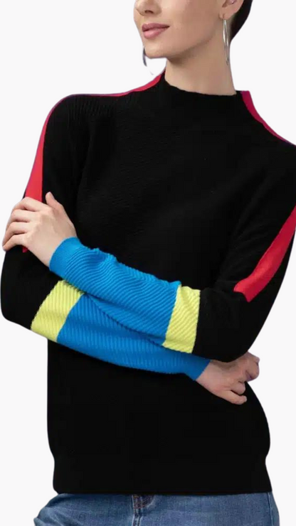 Colour Block Sleeves Mock Neck Sweater. Style EW33052