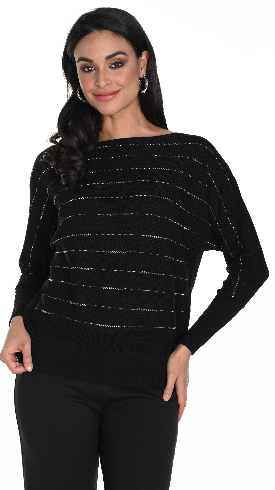 Raglan Sleeve Metallic Stripe Sweater. Style FL243437U