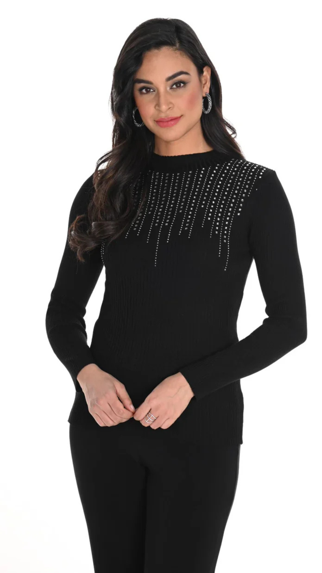 Mock Neck Rhinstone Detail Sweater. Style FL244615U