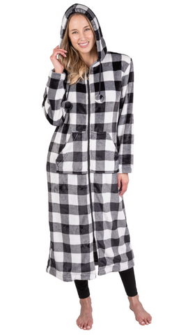 Front Zip Hooded Fleece Plaid Robe Style PL995-CWHT