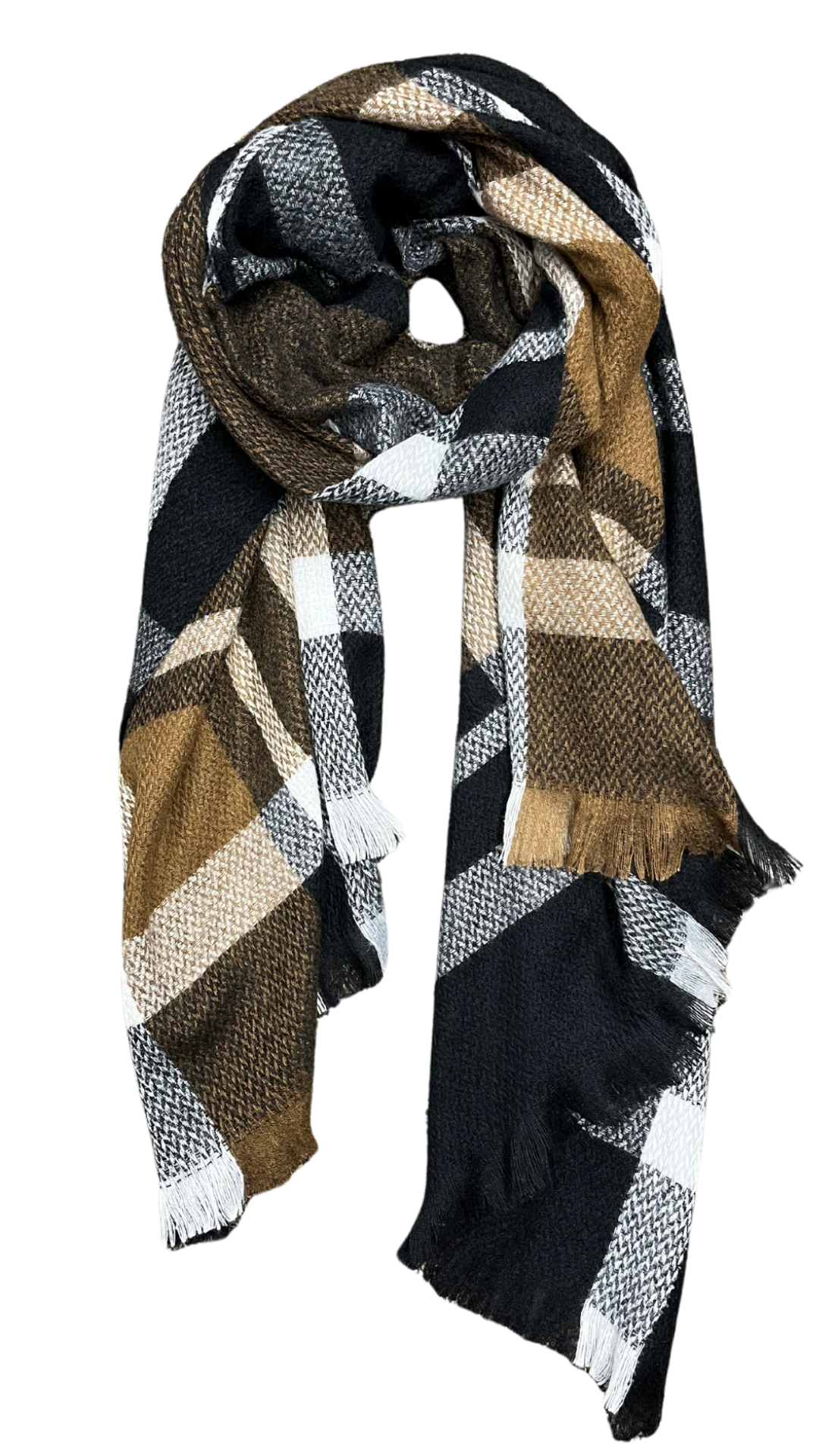 Plaid Print Frayed Edge Blanket Scarf. Style ELWNANCY13-COF