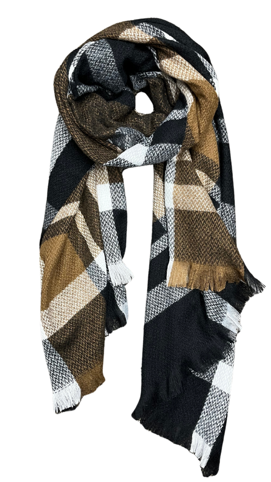 Plaid Print Frayed Edge Blanket Scarf. Style ELWNANCY13-COF