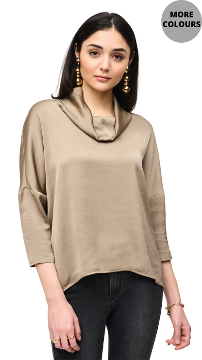 Cowl Neck Faux Back Buttons Satin Top. Style JR243189