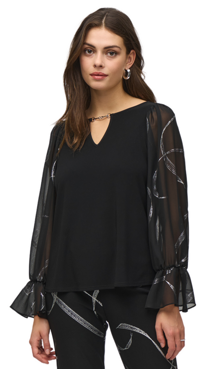 Silky Knit Top with Foiled Chiffon Sleeves. Style JR244090