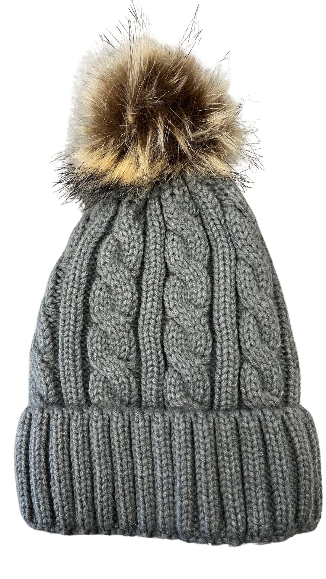Grey Fur Lined Knit Toque with Detachable Pom. Style ELWKAYLA7-DGY