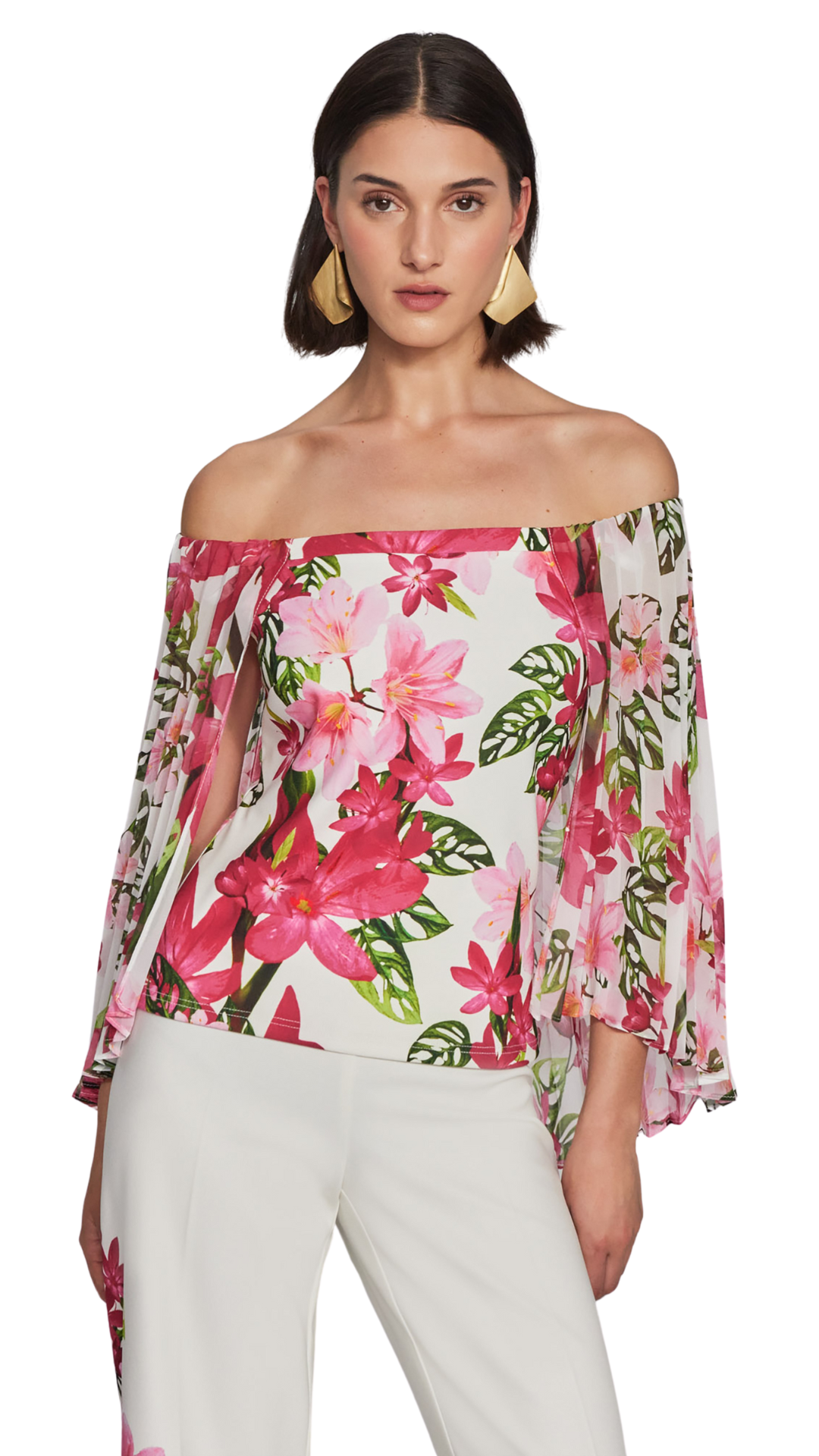 Chiffon Pleated Cape Off Shoulder Top. Style JR241780