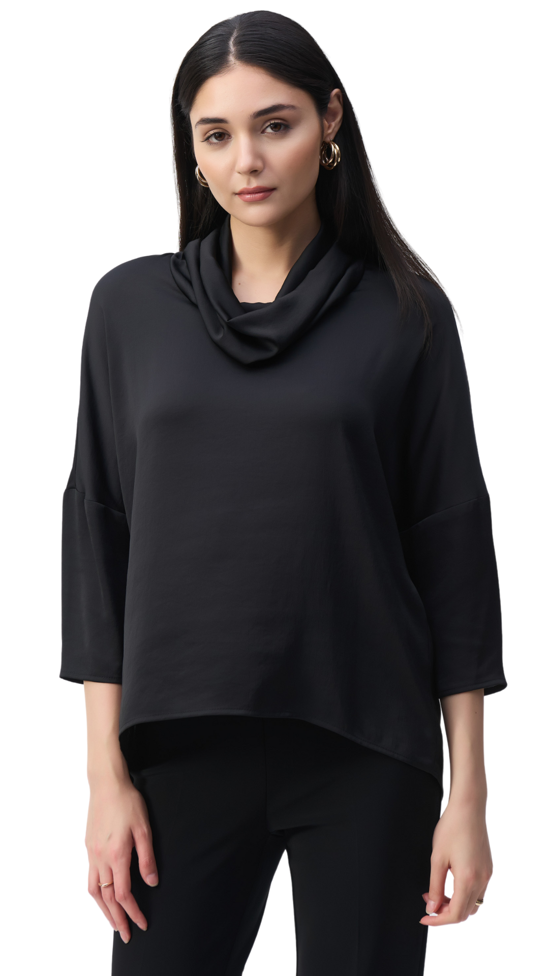 Cowl Neck Faux Back Buttons Satin Top. Style JR243189