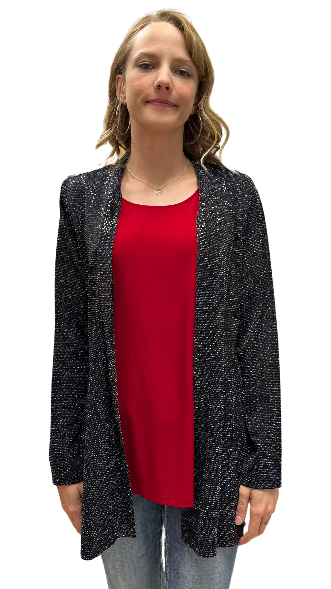Open Front All Over Sequin Cardigan. Style BALI8237