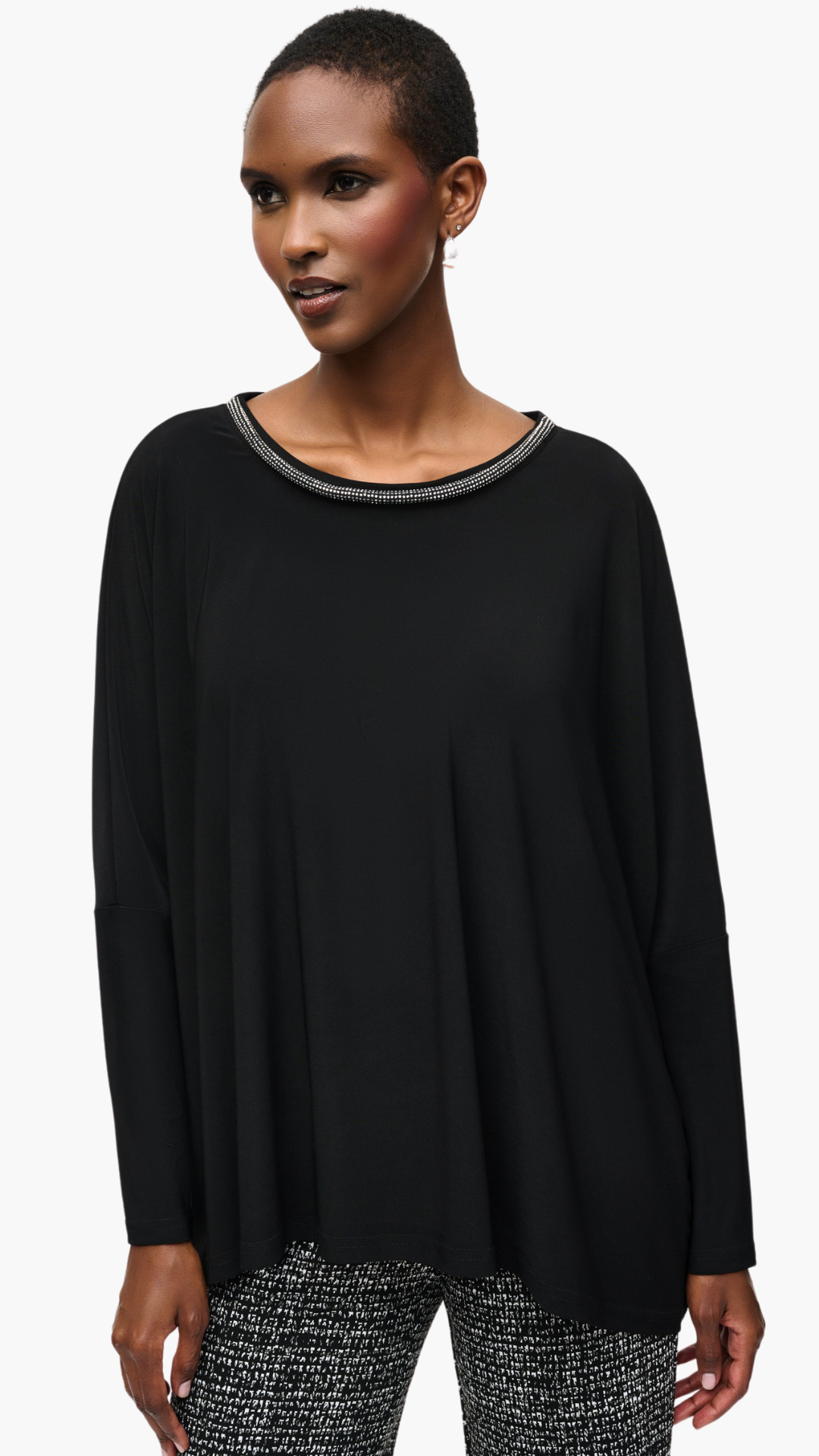 Silky Knit Embellished Neckline Top. Style JR243164