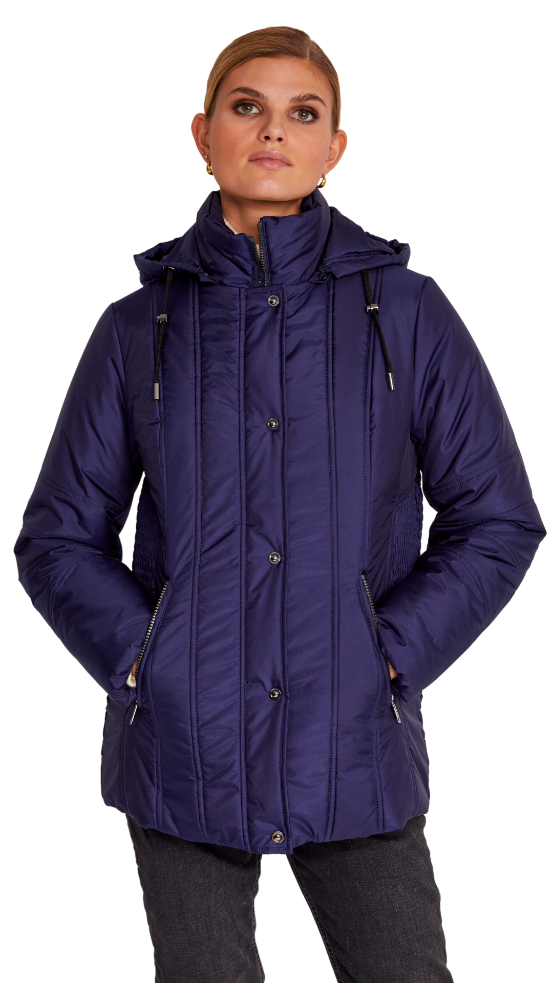 Detachable Hood Elastic Side Panel Outerwear. Style FR735