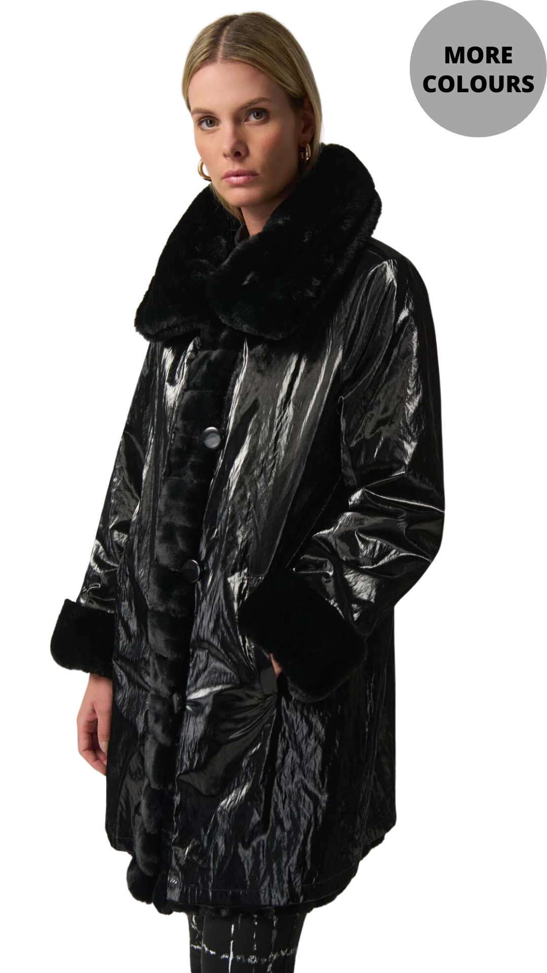 Faux Fur to Shiny Reversible Outerwear in Silver or Black. Style JR233900