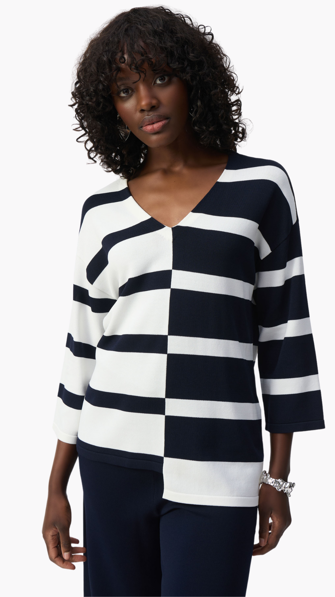 Striped Sweater Knit V-Neck Pullover. Style JR251914