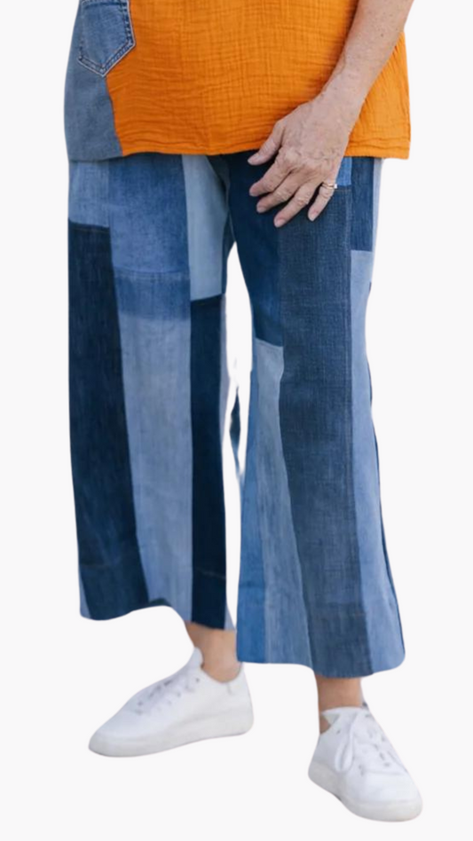 One-Size Patchwork Demim Wide Leg Crop. Style SHNP5443