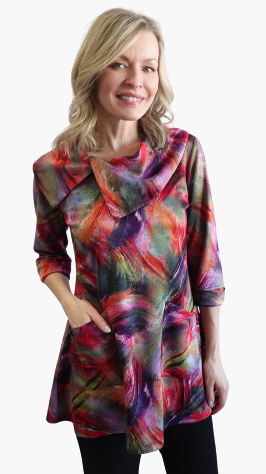 Phoenix Print Slit Cowl Flared Tunic. Style SW102926