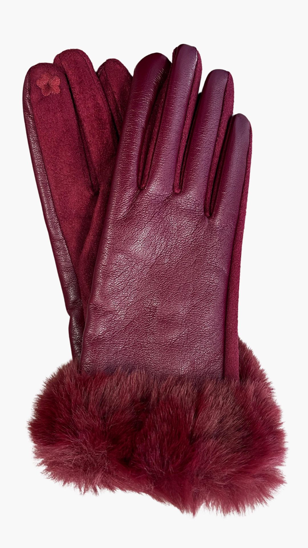 Vegan Leather Faux Fur Bordeau Gloves. Style ELWMILA28-BOR