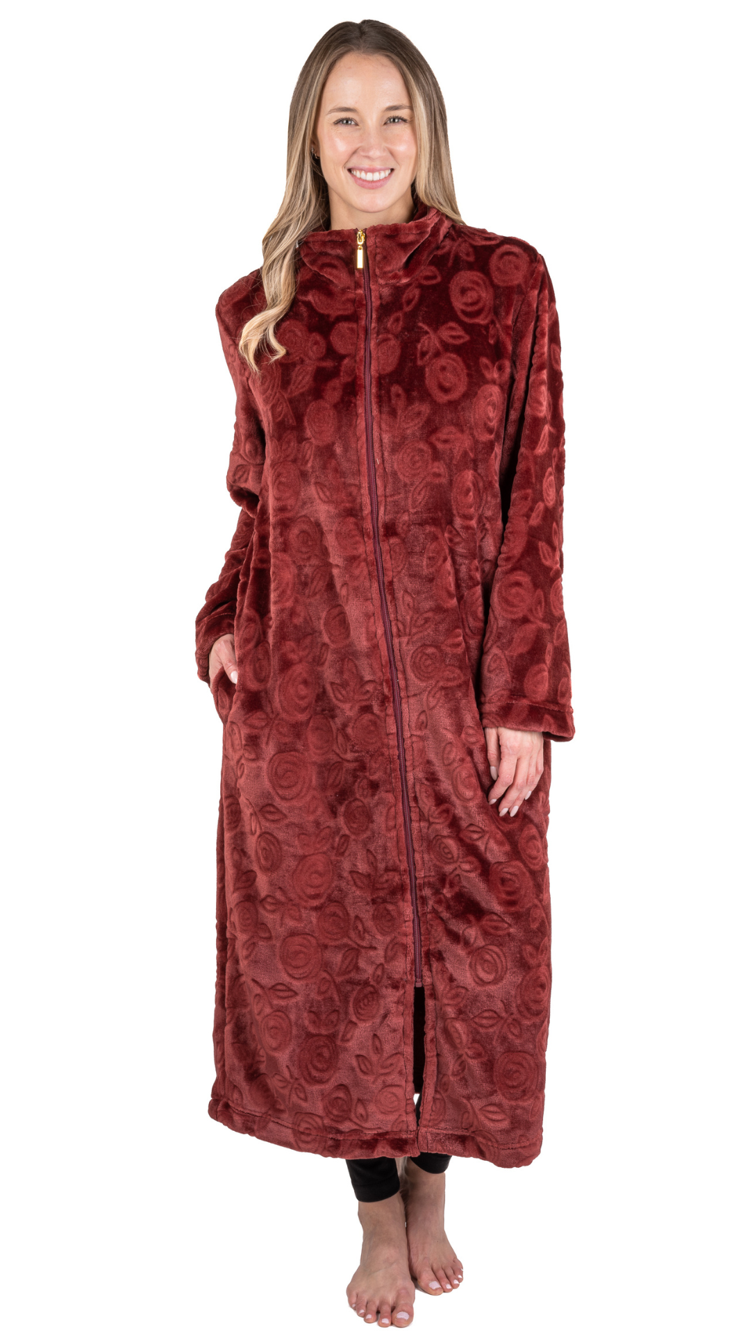 Soft & Cozy Embossed Long Style Robe. Style PL996-CWINE
